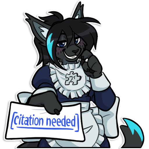 image of anchovie in a Wikipedia mascot maid outfit, holding out a piece of paper towards the viewer with the phrase citation needed written on it in blue linked text, styled as it would appear in a Wikipedia article.