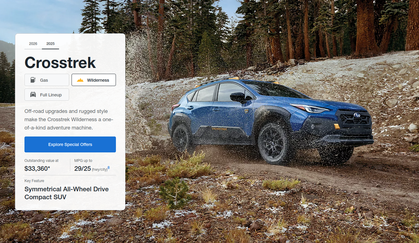 ad photo of a Subaru Crosstrek Wilderness splashing through muddy terrain on a forest trail.